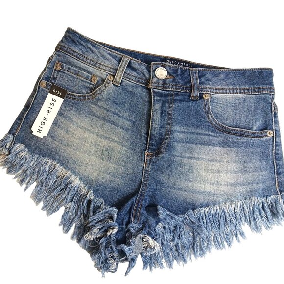 Boomboo! High-Rise Distressed Denim Shorts Blue Frayed Hem - Picture 1 of 9